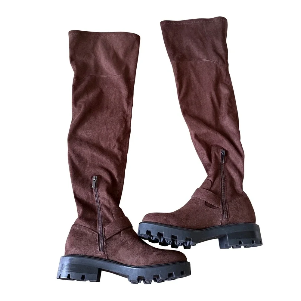 Marc Fisher LTD Ganven Brown Faux Leather Over The Knee Lug Sole Buckle Boot 8.5